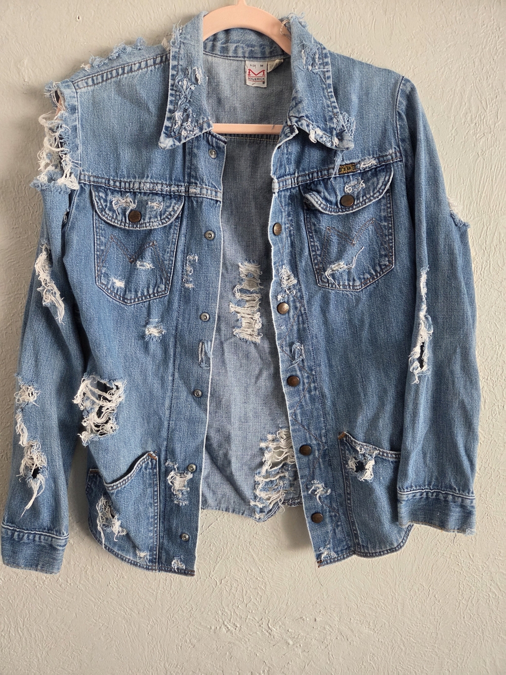 Vintage Maverick White Label Distressed Denim Jacket Medium Y2K